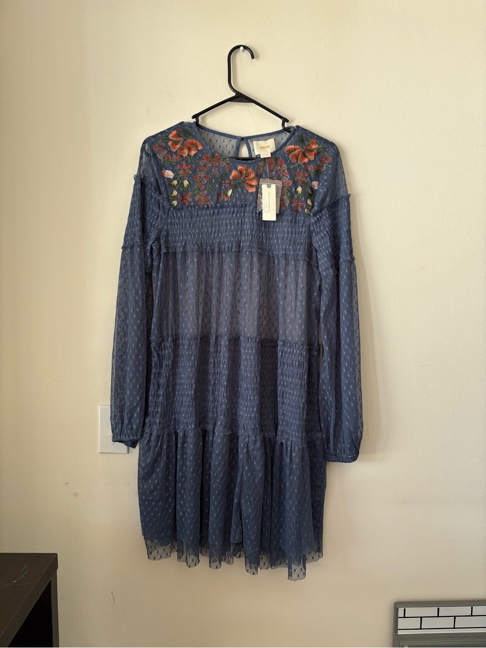 Maeve Blue Sheer Long-Sleeve Embroidered Tiered Dress - Picture 1 of 10